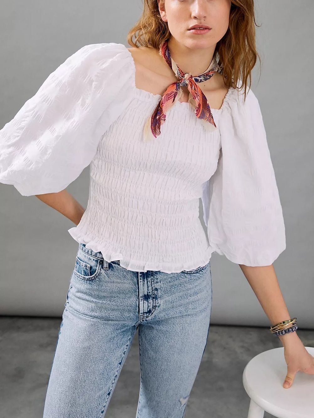 Maeve Anthropologie White Smocked Puff Sleeve Peasant Crop Top Large
